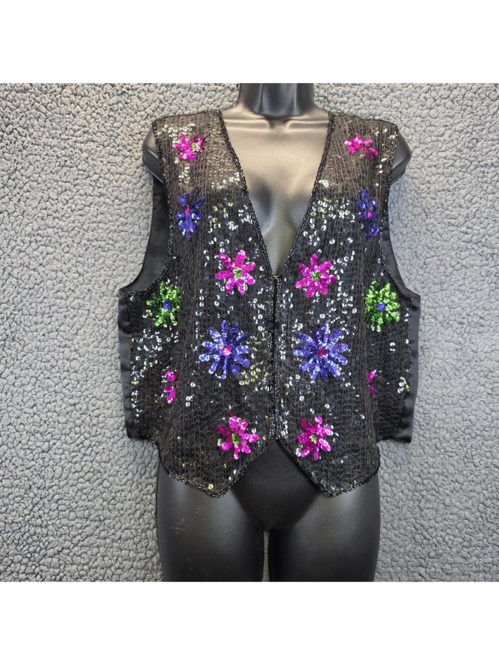 Vintage 90s AJ Silk Sequin Vest Sze M Black Rainbow Sequins Sparkle Eras Swiftie